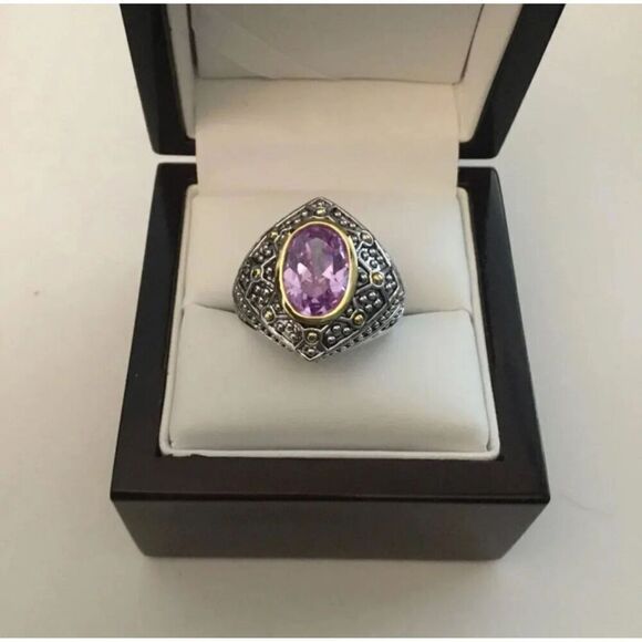 3Ct. 2-Tone Bead Bezel Set Oval Amethyst Ornate Ring Sz 10 - Picture 1 of 3